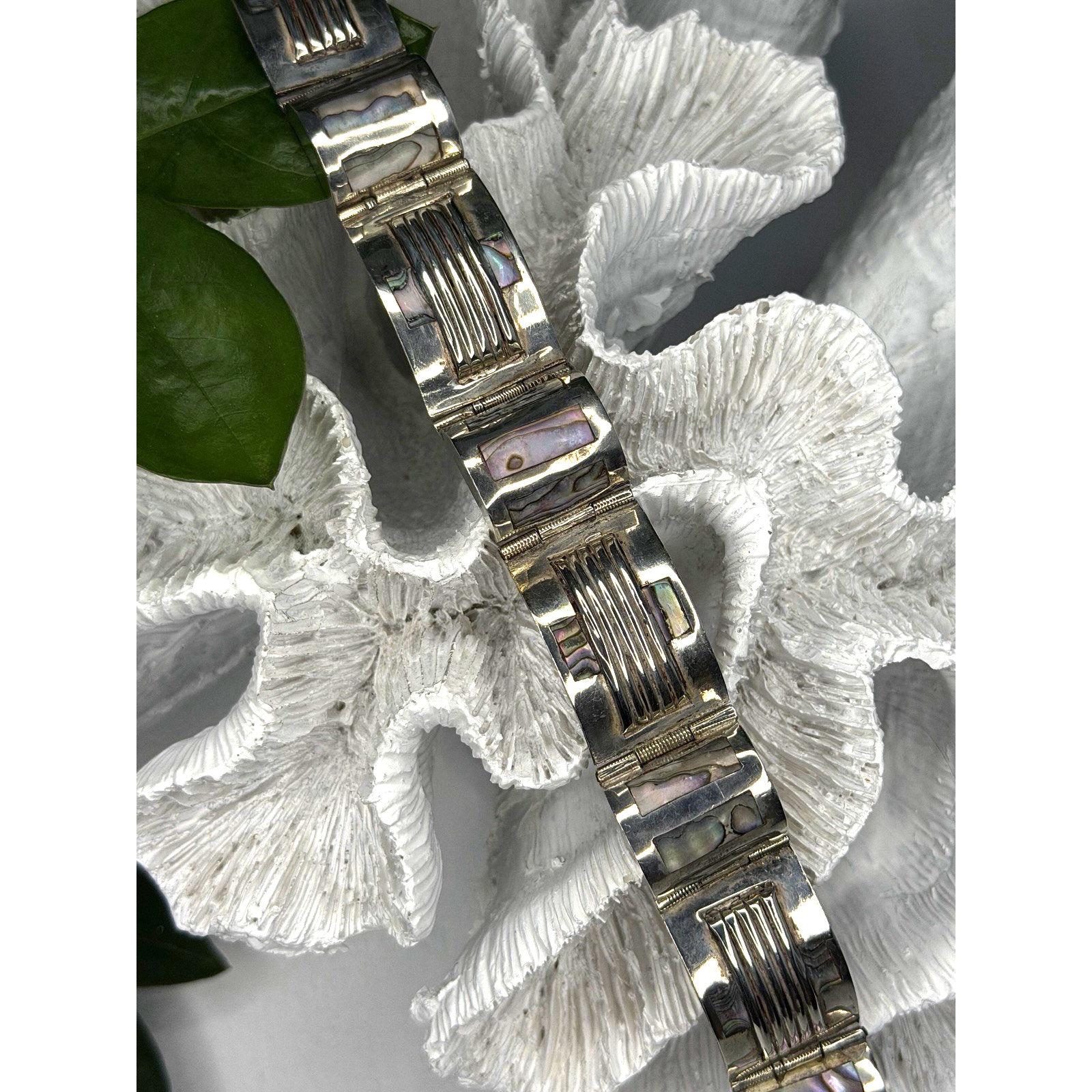 Vintage 925 Sterling Silver Abalone Mother Of Pearl Bracelet Length 7